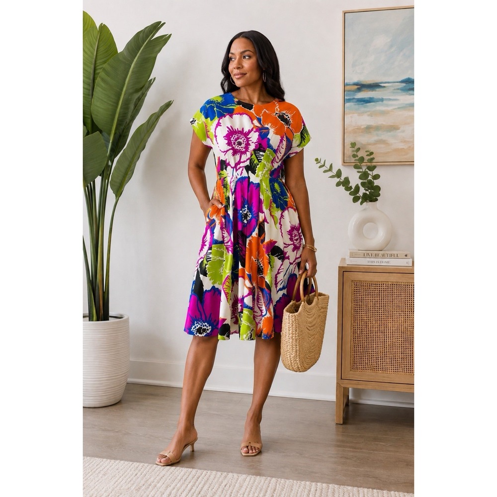 Natori Cote D'Azur‎ Cotton Chino Fit & Flare Pleated Floral Dress Size 4